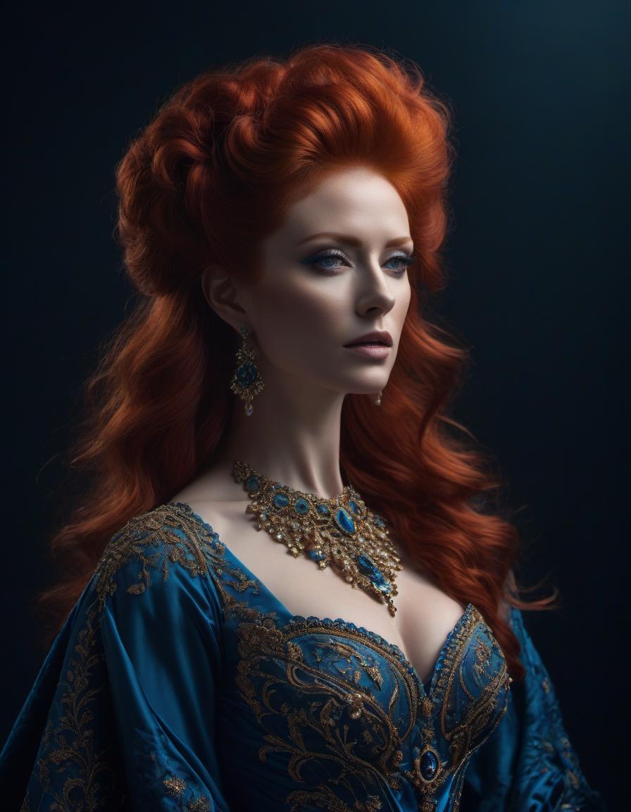  dreamscape A striking digital artwork of a woman with voluminous red hair in an ornate blue dress, posing elegantly against a dark background. . surreal, ethereal, dreamy, mysterious, fantasy, highly detailed hyperrealistic, full body, detailed clothing, highly detailed, cinematic lighting, stunningly beautiful, intricate, sharp focus, f/1. 8, 85mm, (centered image composition), (professionally color graded), ((bright soft diffused light)), volumetric fog, trending on instagram, trending on tumblr, HDR 4K, 8K