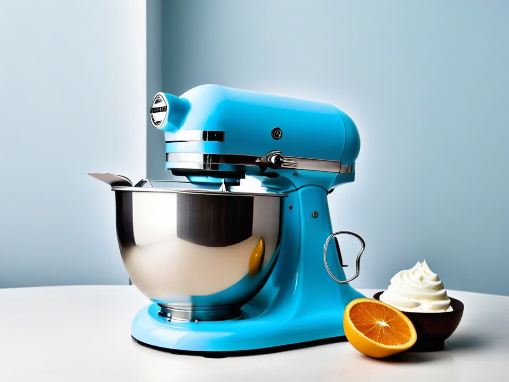  A highresolution closeup image of a vintage pastel blue stand mixer with chrome details, adorned with a sleek silver bowl filled with fluffy whipped cream. The mixer's retro design features elegant curves and a prominent logo from the 80s, capturing the essence of nostalgia and timeless baking traditions. The soft lighting highlights the mixer's glossy finish, emphasizing its iconic status as a beloved kitchen essential that transcends generations. hyperrealistic, full body, detailed clothing, highly detailed, cinematic lighting, stunningly beautiful, intricate, sharp focus, f/1. 8, 85mm, (centered image composition), (professionally color graded), ((bright soft diffused light)), volumetric fog, trending on instagram, trending on tumblr, HDR 4K, 8K