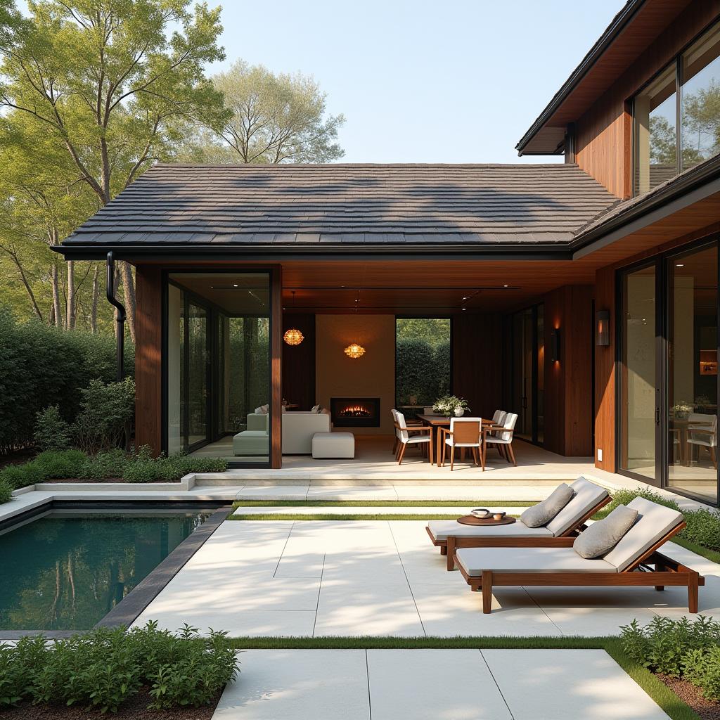  this project involves editorial photography that captures a patio, an outdoor space designed for relaxation and entertainment adjacent to a house. the design style of the space is chinese modern, which beautifully merges traditional chinese elements with sleek, modern designs, creating a visually appealing and culturally rich environment.