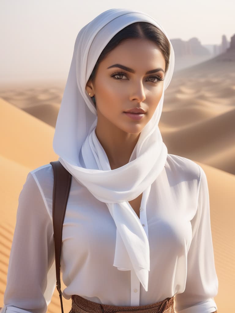  Half body portrait,Young Handsome Male Tourist Trendy Casual Outfit tie a solid white casual Headscarf, wear casual shirt, standing in desert, look at to camera, cinematic lighting, stunningly beautiful, intricate, sharp focus, f/1. 8, 85mm, (professionally color graded), ((bright soft diffused light)), volumetric fog, trending on instagram, trending on tumblr, HDR 4K, 8K hyperrealistic, full body, detailed clothing, highly detailed, cinematic lighting, stunningly beautiful, intricate, sharp focus, f/1. 8, 85mm, (centered image composition), (professionally color graded), ((bright soft diffused light)), volumetric fog, trending on instagram, trending on tumblr, HDR 4K, 8K