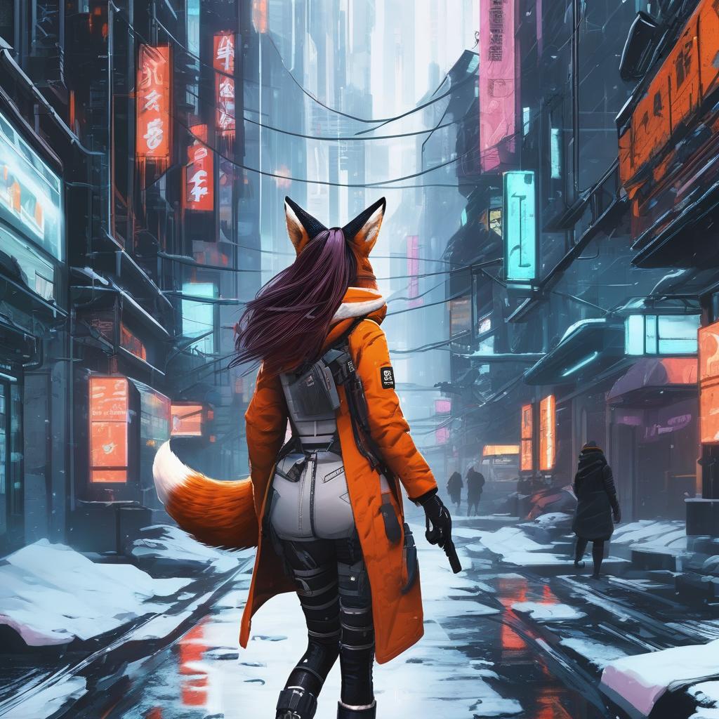  a fox girl in cyberpunk with long claws walks through a futuristic city in winter