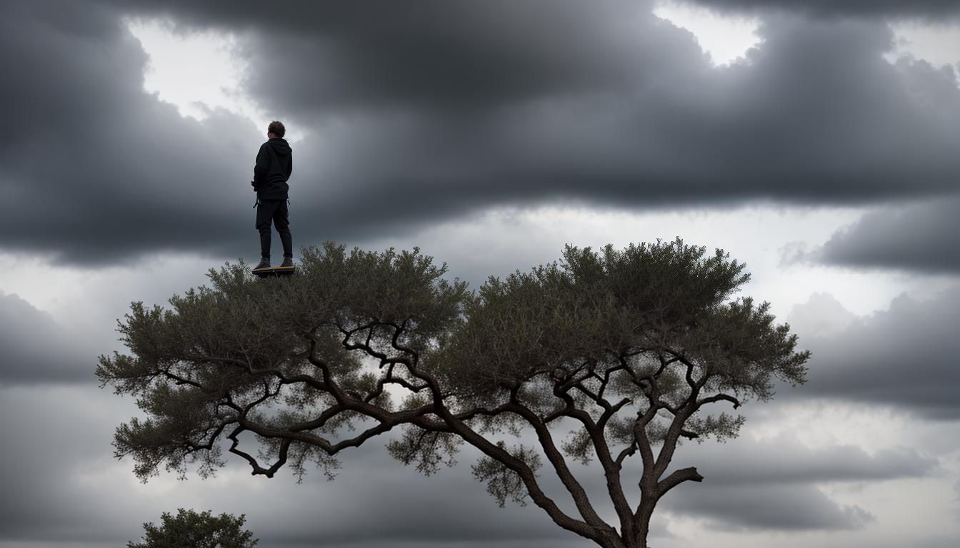  Neuro enlightenmentA person standing on a tightrope holding a large olive branch, sorrowful face, dark clouds in background, imbalance, precarious peace, strained tranquility, 4k, HDR, sleek, modern design, vibrant, interactive visuals, contemporary aesthetics, highly engaging, mind expanding