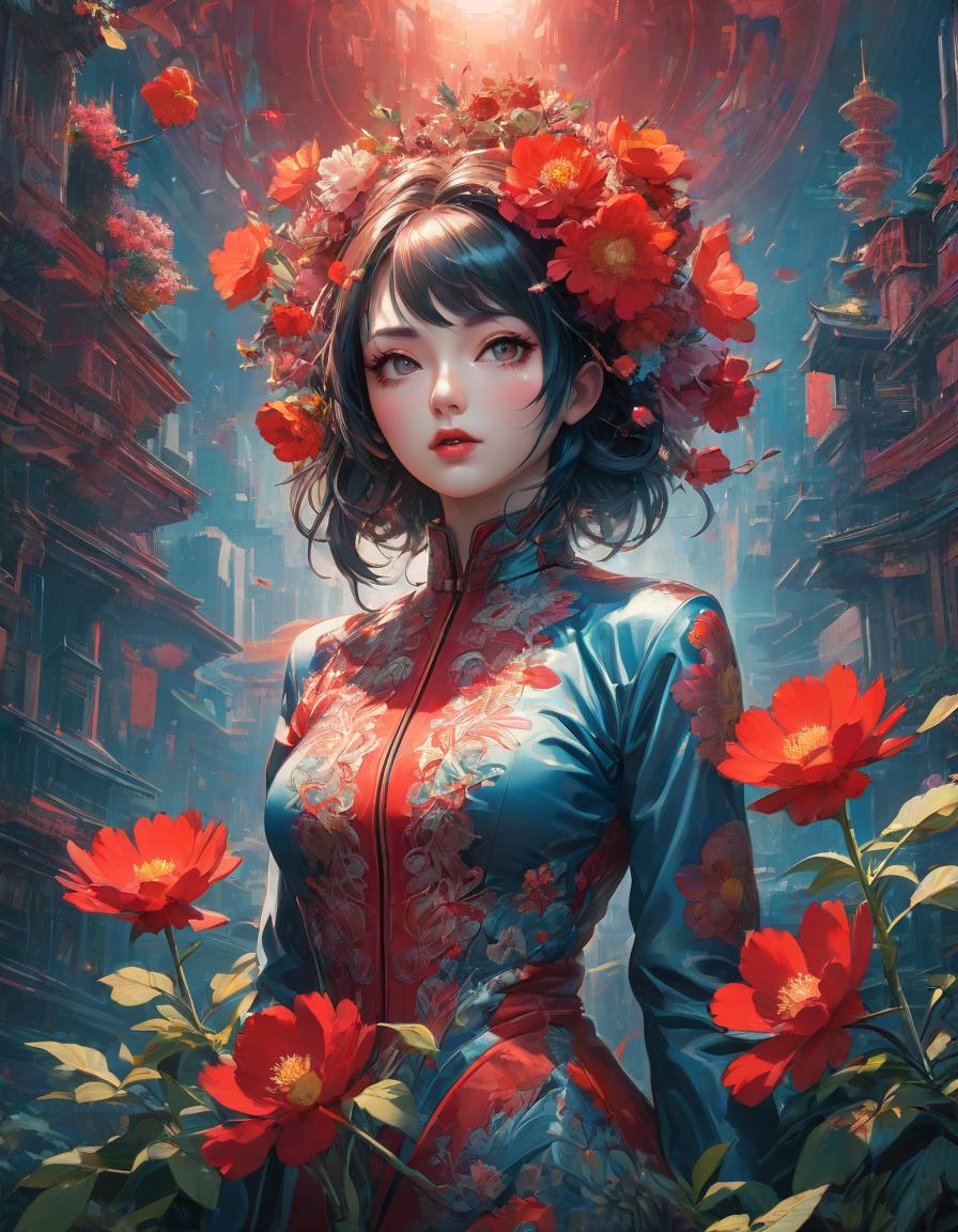  futuristic style official art, unity 8k wallpaper, ultra detailed, beautiful and aesthetic, masterpiece, best quality, (zentangle, mandala, tangle, entangle), (fractal art:1.3) , 1girl, red flowers, extremely detailed, dynamic angle, cowboyshot, the most beautiful form of chaos, elegant, a brutalist designed, vivid colours, romanticism, by james jean, roby dwi antono, ross tran, francis bacon, michal mraz, adrian ghenie, petra cortright, gerhard richter, takato yamamoto, ashley wood, atmospheric . sleek, modern, ultramodern, high tech, detailed hyperrealistic, full body, detailed clothing, highly detailed, cinematic lighting, stunningly beautiful, intricate, sharp focus, f/1. 8, 85mm, (centered image composition), (professionally color graded), ((bright soft diffused light)), volumetric fog, trending on instagram, trending on tumblr, HDR 4K, 8K