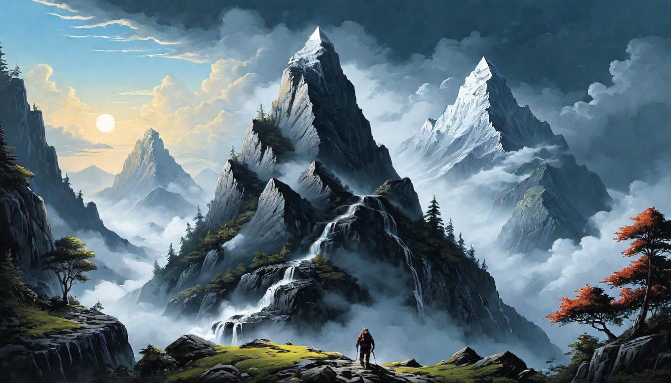  （surrealism)each challenge depicted as mountain, figure climbs relentlessly, various obstacles, rocky terrain, resilience and persistence mystic, intricate details, best quality)