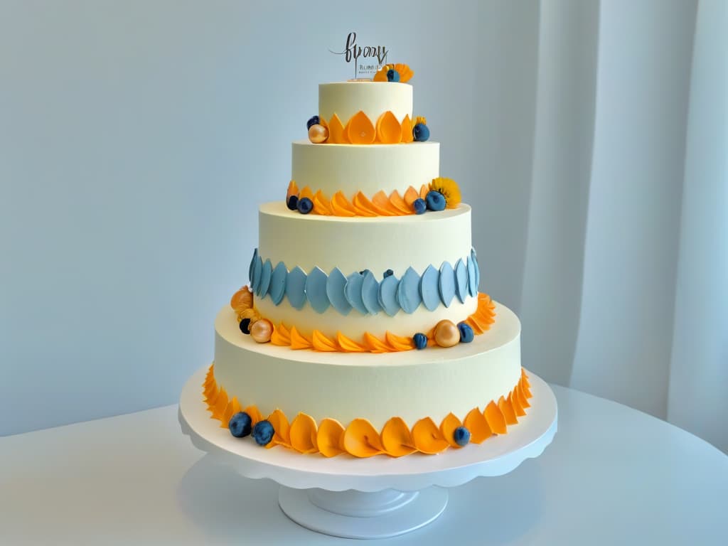  A closeup, ultradetailed image of a perfectly layered, multitiered cake with intricate fondant decorations showcasing a modern and elegant design. The cake is displayed on a sleek, minimalistic white stand against a soft, blurred background, highlighting the precision and artistry of contemporary pastry craftsmanship. hyperrealistic, full body, detailed clothing, highly detailed, cinematic lighting, stunningly beautiful, intricate, sharp focus, f/1. 8, 85mm, (centered image composition), (professionally color graded), ((bright soft diffused light)), volumetric fog, trending on instagram, trending on tumblr, HDR 4K, 8K