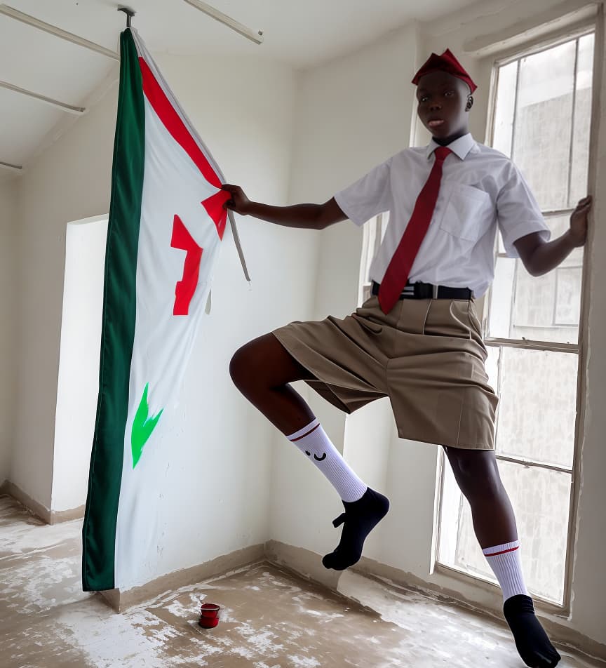  A big upstairs paint with white and gl at the wall and window with Nigeria flag stab on the head . student in brown uniform white oversize shirt and red tie white socks and black shoe