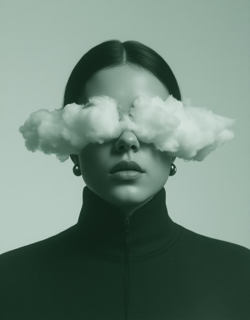  surrealistic style, a woman's head is cut in half, with white clouds floating on the face and neck, obscuring her eyes and mouth, with simple shapes and lines, half length portrait, iblack and green, the face is made up only of layered organic planes that appear to be floating above it, giving an illusionistic effect hyperrealistic, full body, detailed clothing, highly detailed, cinematic lighting, stunningly beautiful, intricate, sharp focus, f/1. 8, 85mm, (centered image composition), (professionally color graded), ((bright soft diffused light)), volumetric fog, trending on instagram, trending on tumblr, HDR 4K, 8K