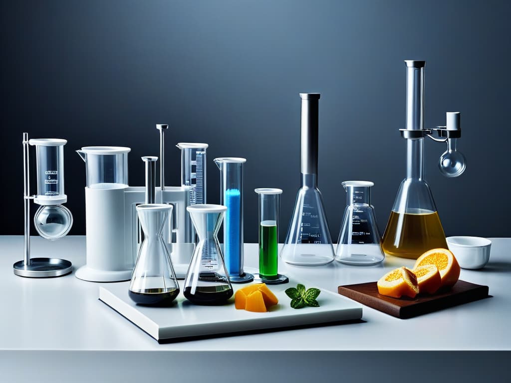  A highresolution photograph of a sleek, modern kitchen countertop with an assortment of scientific beakers, test tubes, and laboratory equipment alongside a set of elegant pastry tools like piping bags and fine decorating tips. The contrast between the scientific instruments and the culinary tools symbolizes the fusion of science and artistry in the realm of innovative dessertmaking. The image captures the essence of the article's theme, showcasing the seamless integration of laboratory techniques into the creative process of pastry making. The composition is clean, sophisticated, and visually appealing, resonating with the professional and inspirational tone of the content. hyperrealistic, full body, detailed clothing, highly detailed, cinematic lighting, stunningly beautiful, intricate, sharp focus, f/1. 8, 85mm, (centered image composition), (professionally color graded), ((bright soft diffused light)), volumetric fog, trending on instagram, trending on tumblr, HDR 4K, 8K