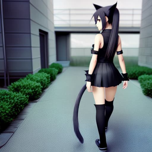  an anime girl with cat ears cat tail cat eyes walking into a realistic world