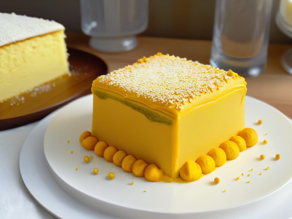  A closeup, ultradetailed image of a goldenhued Sfouf cake slice topped with a sprinkle of vibrant yellow turmeric powder, set on a sleek, modern white plate. The cake crumb is moist and rich, with visible specks of turmeric throughout, showcasing a perfect balance of texture and color. The natural light highlights the glossy surface of the cake, creating a visually striking and appetizing composition that embodies the essence of healthy indulgence. hyperrealistic, full body, detailed clothing, highly detailed, cinematic lighting, stunningly beautiful, intricate, sharp focus, f/1. 8, 85mm, (centered image composition), (professionally color graded), ((bright soft diffused light)), volumetric fog, trending on instagram, trending on tumblr, HDR 4K, 8K