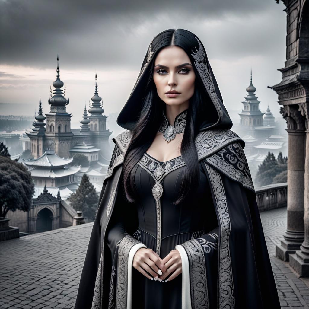  gothic style black and white image. Slavic Kiev Princess Olga. Black straight hair, black eyes, calm gaze, cloak covering the chest, calm face. In the background, an ancient Slavic city. . dark, mysterious, haunting, dramatic, ornate, detailed, on parchment hyperrealistic, full body, detailed clothing, highly detailed, cinematic lighting, stunningly beautiful, intricate, sharp focus, f/1. 8, 85mm, (centered image composition), (professionally color graded), ((bright soft diffused light)), volumetric fog, trending on instagram, trending on tumblr, HDR 4K, 8K