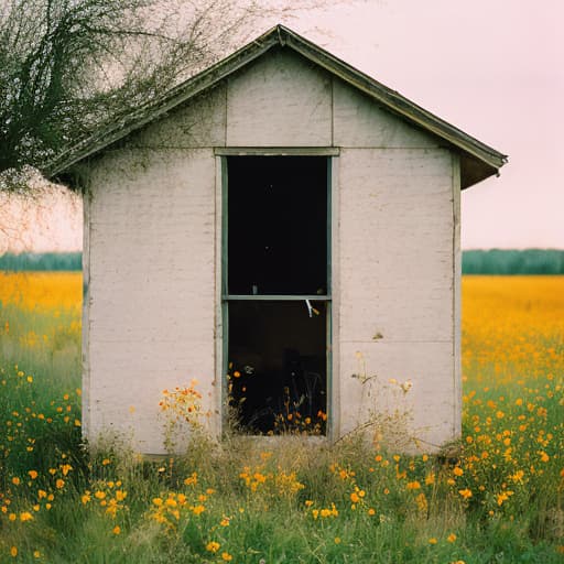 analog style an abandoned shack in the middle of a field if wild flowers