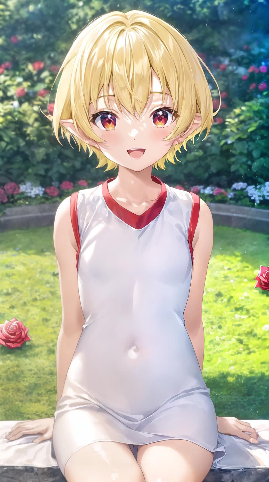  master piece , best quality,Very cute , (she is ), light yellow hair, short cut, bangs too close to eyes, shiny red eyes, (normal human ears), thin arms, beautiful body, thin legs, flat , clear white skin, fun smile, open mouth, (sleeveless sailor dress, super mini ). (rose garden), playing innocently, Ultra HD, DSLR, lots of colorful roses in background, upper body shot, sitting in gym, sitting on , running,