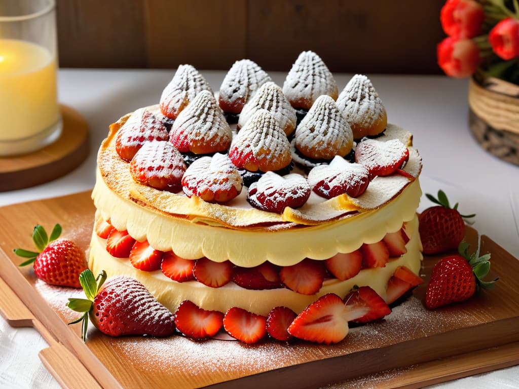  A closeup, photorealistic image of layers of delicate puff pastry stacked alternately with luscious vanilla pastry cream, fresh strawberries, and a dusting of powdered sugar. The pastry is golden brown and flaky, oozing with the creamy filling, while the vibrant red strawberries provide a pop of color against the backdrop of a rustic, wooden pastry board. Each layer is perfectly defined, showcasing the intricate textures and flavors of this traditional Milhojas dessert. hyperrealistic, full body, detailed clothing, highly detailed, cinematic lighting, stunningly beautiful, intricate, sharp focus, f/1. 8, 85mm, (centered image composition), (professionally color graded), ((bright soft diffused light)), volumetric fog, trending on instagram, trending on tumblr, HDR 4K, 8K