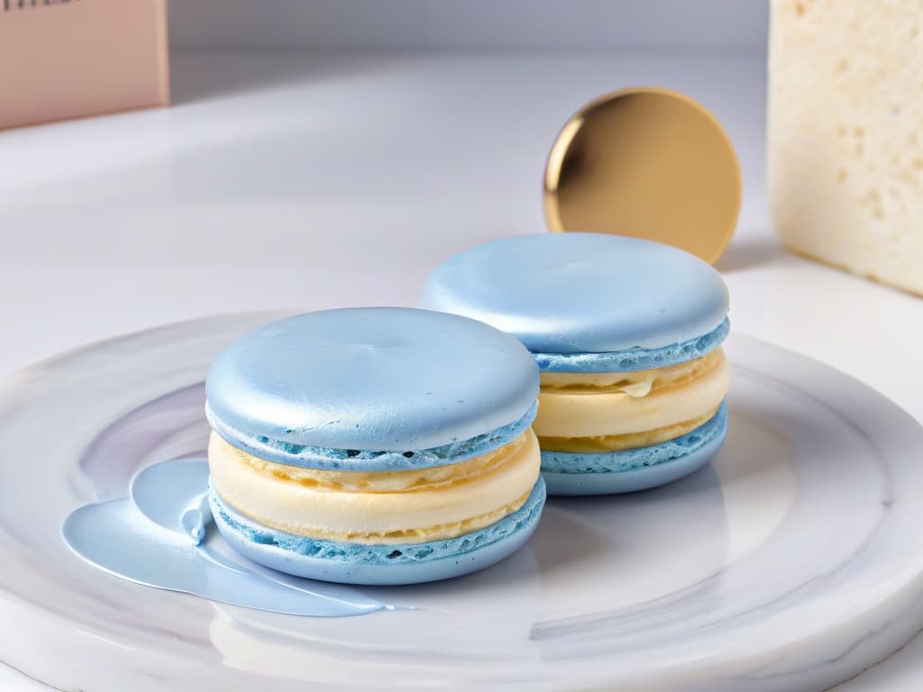  A closeup, ultradetailed image of a delicate macaron with a shiny, smooth surface, adorned with edible gold leaf, resting on a pristine white marble countertop. The macaron is exquisitely crafted, showcasing layers of pastel pink, lavender, and baby blue, reflecting the precision and artistry of highend pastry making. The subtle play of light and shadows emphasizes the intricate texture and elegant simplicity of this quintessential French treat, evoking a sense of luxury and sophistication. hyperrealistic, full body, detailed clothing, highly detailed, cinematic lighting, stunningly beautiful, intricate, sharp focus, f/1. 8, 85mm, (centered image composition), (professionally color graded), ((bright soft diffused light)), volumetric fog, trending on instagram, trending on tumblr, HDR 4K, 8K