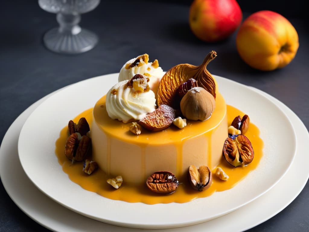  A closeup, ultrahighresolution image of a scoop of creamy quince and walnut ice cream beautifully garnished with a caramelized quince slice, a sprinkle of crushed walnuts, and a drizzle of honey, all set against a sleek black granite surface. The ice cream looks velvety smooth, with visible specks of vanilla bean, and the caramelized quince glistens under a soft, diffused light, highlighting the rich colors and textures of this decadent autumn dessert. hyperrealistic, full body, detailed clothing, highly detailed, cinematic lighting, stunningly beautiful, intricate, sharp focus, f/1. 8, 85mm, (centered image composition), (professionally color graded), ((bright soft diffused light)), volumetric fog, trending on instagram, trending on tumblr, HDR 4K, 8K