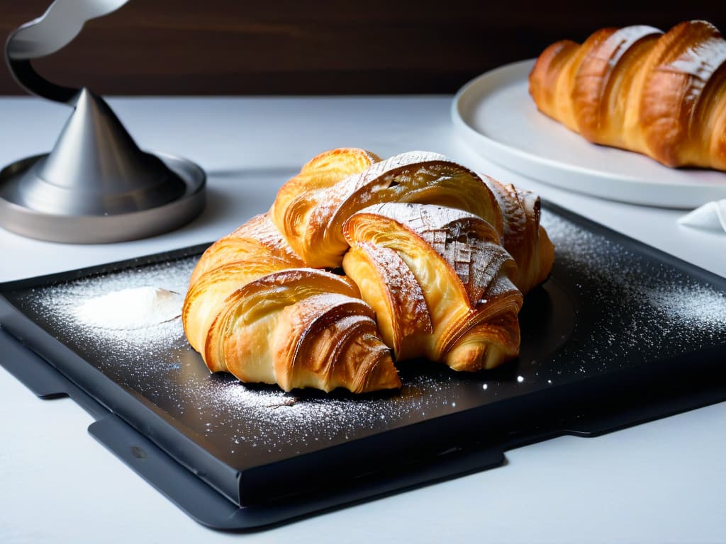  A closeup, ultradetailed image of a perfectly baked golden butter croissant, placed on a sleek, matte black ceramic plate. The croissant is delicately sprinkled with a light dusting of powdered sugar, with a small, elegant silver teaspoon resting beside it. The layers of the croissant are beautifully visible, showcasing a crisp, flaky exterior that glistens in the soft natural light streaming in from a nearby window. The background is a subtle blur, emphasizing the simplicity and elegance of the pastry, making it the focal point of the image. hyperrealistic, full body, detailed clothing, highly detailed, cinematic lighting, stunningly beautiful, intricate, sharp focus, f/1. 8, 85mm, (centered image composition), (professionally color graded), ((bright soft diffused light)), volumetric fog, trending on instagram, trending on tumblr, HDR 4K, 8K