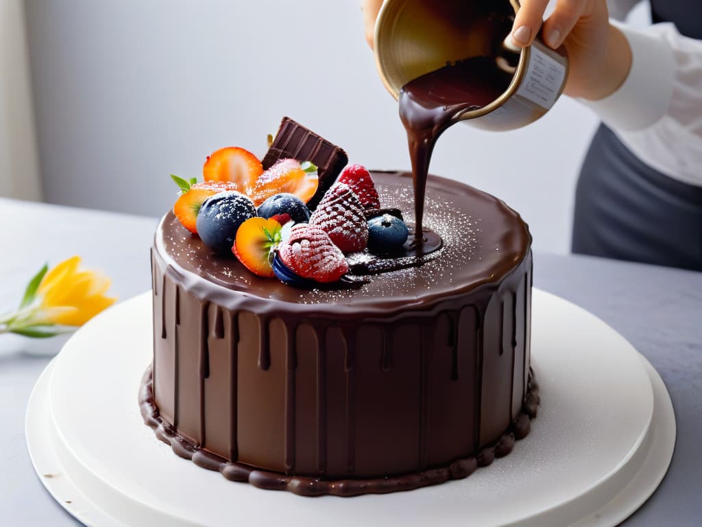  An ultradetailed closeup image of a glossy, perfectly tempered dark chocolate ganache being poured over a decadent chocolate cake, showcasing the smooth, shiny texture and rich color of the luxurious dessert. The ganache cascades elegantly down the sides of the cake, with intricate droplets frozen in time, capturing the moment of indulgence and artistry in chocolate confectionery. The lighting is soft yet highlighting every detail, emphasizing the expertise and craftsmanship involved in creating this exquisite chocolate masterpiece. hyperrealistic, full body, detailed clothing, highly detailed, cinematic lighting, stunningly beautiful, intricate, sharp focus, f/1. 8, 85mm, (centered image composition), (professionally color graded), ((bright soft diffused light)), volumetric fog, trending on instagram, trending on tumblr, HDR 4K, 8K