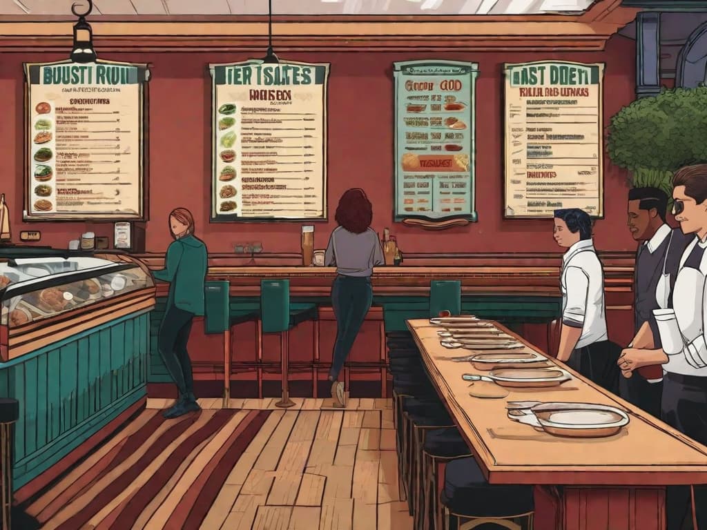  A close-up of a digital interface displaying a variety of menu items with customizable options, alongside a voice command prompt for placing an order. The background features the bustling interior of a restaurant, with customers and staff members engaged in conversation and food preparation. digital art, ilustration, no flares, clean hyperrealistic, full body, detailed clothing, highly detailed, cinematic lighting, stunningly beautiful, intricate, sharp focus, f/1. 8, 85mm, (centered image composition), (professionally color graded), ((bright soft diffused light)), volumetric fog, trending on instagram, trending on tumblr, HDR 4K, 8K