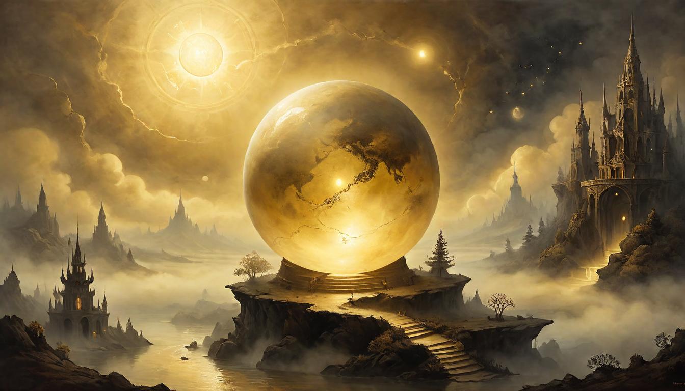  on parchment, surrealism+++, A glowing sphere, radiating soft golden light, surrounded by ethereal mists, enveloping a dark background, luminous aura, warm, healing(mysterious, provocative, symbolic,muted color)+++