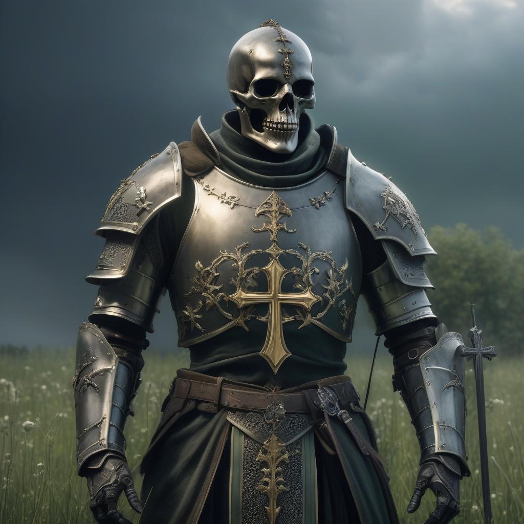  macabre style A paladin in full height. Full plate steel armors of gray color, shining and well polished ones, have traces of battles, small dents and scratches. A heraldic sash of dark green satin is worn on the chest armor. On the sash, there is a white cross, on which a full size human skeleton is depicted. On the head, there is a helmet with a cross image on the front part. The paladin is standing on a green meadow. Behind him is dawn. A sword is folded in scabbard on the right side, and on the left side can be seen a Bible. The paladin should look like a powerful warrior who has just discovered something new, powerful, and mystical within himself. . dark, gothic, grim, haunting, highly detailed hyperrealistic, full body, detailed clothing, highly detailed, cinematic lighting, stunningly beautiful, intricate, sharp focus, f/1. 8, 85mm, (centered image composition), (professionally color graded), ((bright soft diffused light)), volumetric fog, trending on instagram, trending on tumblr, HDR 4K, 8K