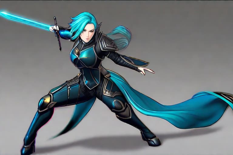  Depicted in the image is a who looks to be 17- with pale skin, long flowing bright teal hair, and bright blue eyes. She is wearing a suit of black armor that has a small blue stone on the left side of her . The background consists of black, jagged rocks,anime style. hyperrealistic, full body, detailed clothing, highly detailed, cinematic lighting, stunningly beautiful, intricate, sharp focus, f/1. 8, 85mm, (centered image composition), (professionally color graded), ((bright soft diffused light)), volumetric fog, trending on instagram, trending on tumblr, HDR 4K, 8K