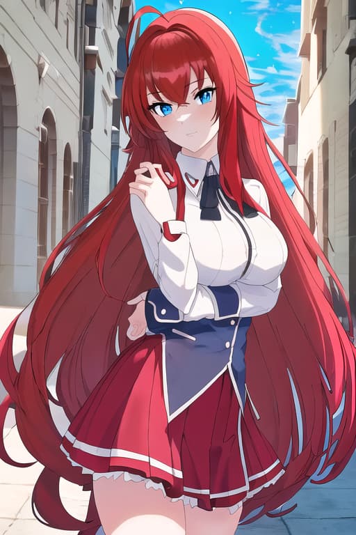  masterpiece, best quality, 1women, long red hair, looking at viewer, :3, cute, black school uniform, outdoors, streets, cowboy shot, curvy, (((blue eyes))), rias gremory, red hair, antenna hair, wavy hair, ((beautiful detailed eyes, beautiful detailed glow, lots of glow)), anime screencap,women, masterpiece, best quality, high quality, solo