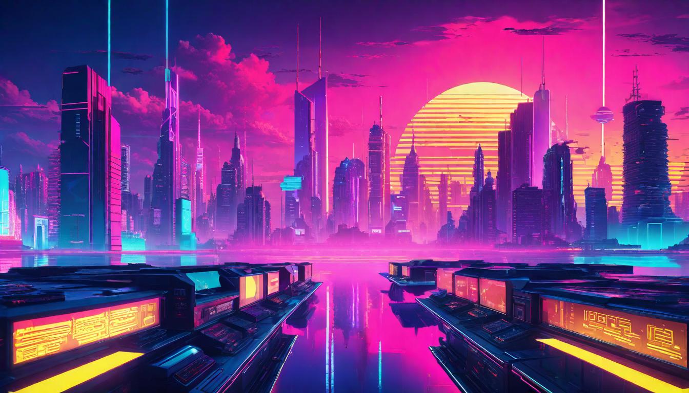  vaporwave,cyberpunk game style A distant city skyline, half shrouded in shadow, half illuminated, symbolizing a society at a crossroads. Mood: Divided, contemplative.eon, dystopian, futuristic, digital, vibrant, detailed, high contrast, reminiscent of cyberpunk genre video games,retro aesthetic, cyberpunk, vibrant, neon colors, vintage 80s and 90s style, highly detailed