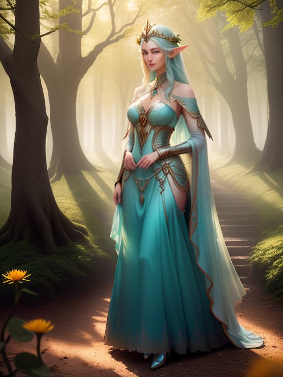  Elven in full length, Translucent turquoise dress, deep neckline, big id, turquoise smiling eyes looking at me, front view, she lifts her dress with her hands so that her are visible, in the golden hour before sunset, an oak grove in the center of which is a picturesque clearing, tall gr in the clearing, yellow dandelions and purple bluebells are scattered randomly in small cers, hight detailed, 4k, realistic, detailed, balanced, by Trey Ratcliff, Klaus Herrmann, Serge Ramelli, Jimmy McIntyre, Elia Locardi hyperrealistic, full body, detailed clothing, highly detailed, cinematic lighting, stunningly beautiful, intricate, sharp focus, f/1. 8, 85mm, (centered image composition), (professionally color graded), ((bright soft diffused light)), volumetric fog, trending on instagram, trending on tumblr, HDR 4K, 8K