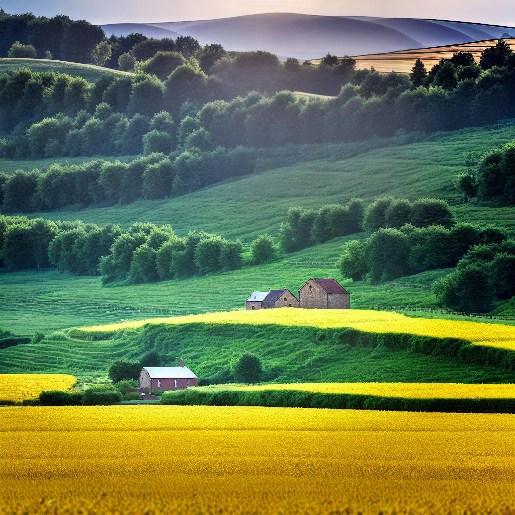  A countryside landscape, ((masterpiece)), (((best quality))), 8k, high detailed, ultra-detailed. Fields of crops stretching as far as the eye can see, with golden wheat swaying gently in the breeze, (a farmer working diligently in the foreground), (a charming farmhouse nestled among the fields), (a clear blue sky with fluffy white clouds), and (rays of warm sunlight filtering through the trees). hyperrealistic, full body, detailed clothing, highly detailed, cinematic lighting, stunningly beautiful, intricate, sharp focus, f/1. 8, 85mm, (centered image composition), (professionally color graded), ((bright soft diffused light)), volumetric fog, trending on instagram, trending on tumblr, HDR 4K, 8K