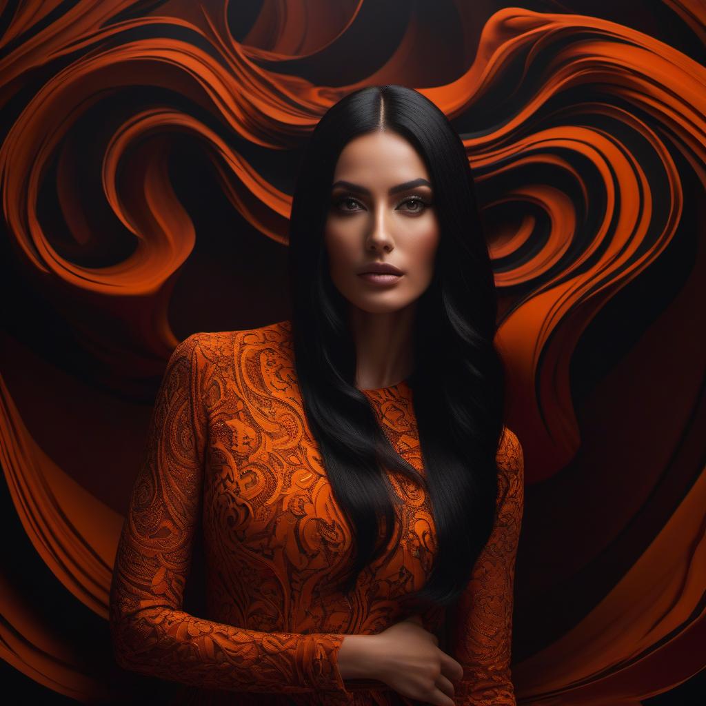  Portrait of a beautiful girl with long black hair in dark orange tones, very strong contrast, with a 3D wavy pattern in dark orange tones and also strong contrast and saturated colors in the background. The shadow of the girl falls intensely on the background. The volume of the pattern is accentuated by contrasting shadows. hyperrealistic, full body, detailed clothing, highly detailed, cinematic lighting, stunningly beautiful, intricate, sharp focus, f/1. 8, 85mm, (centered image composition), (professionally color graded), ((bright soft diffused light)), volumetric fog, trending on instagram, trending on tumblr, HDR 4K, 8K