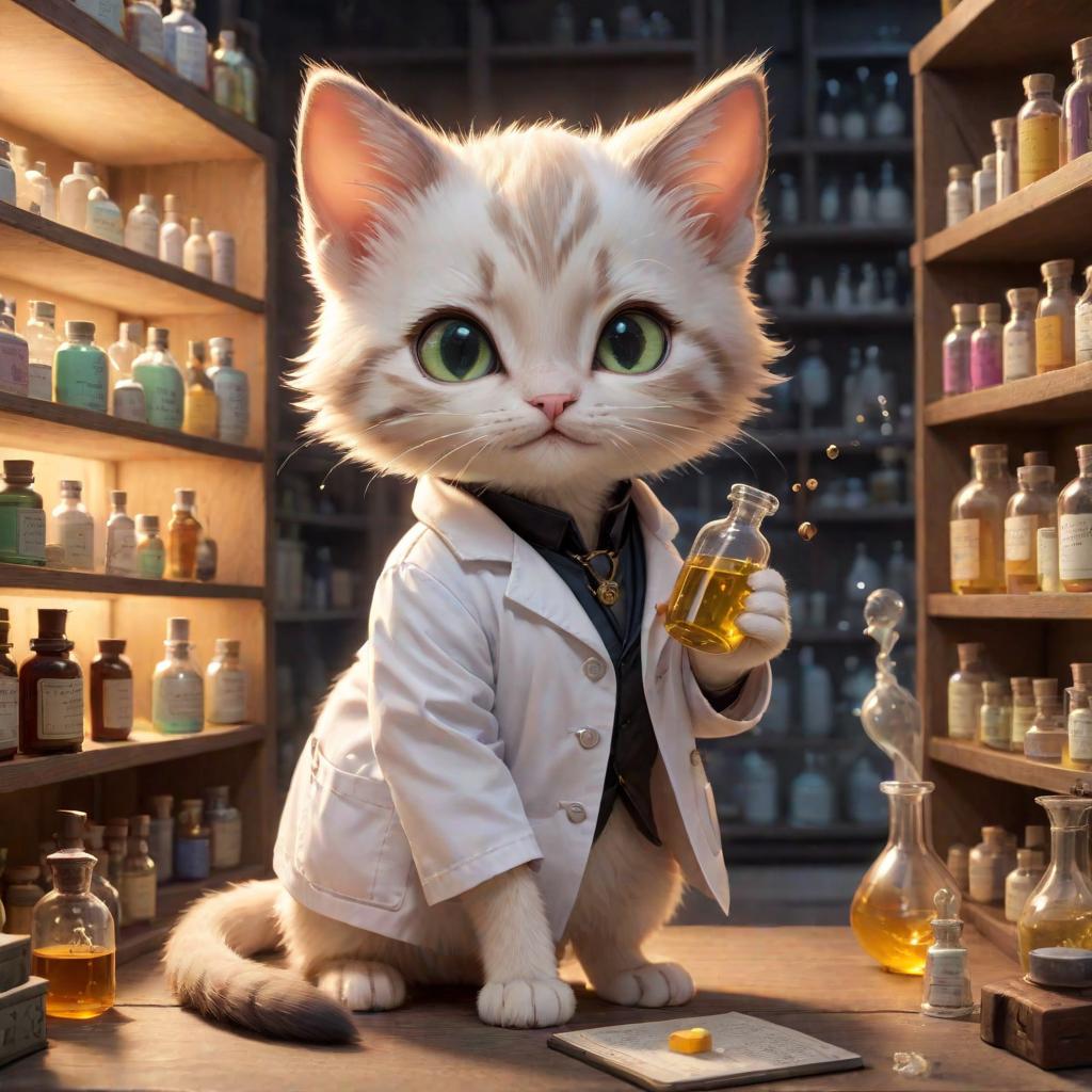  medium full shot, Kitten Cheeseville, Soft Alchemical Glow, Curious and Inquisitive, Tiny and Nimble, Whiskers and Bright Eyes, Scientific Lab Coat with a Pocket Protector, Alchemical Laboratory with Potion filled Shelves, Chemist and Alchemist in the Mouse Lab