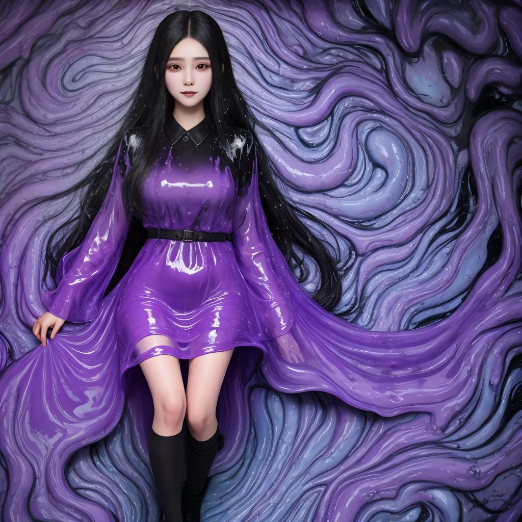  masterpiece, best quality, Beautiful with long black hair, covered in a layer of purple slime flowing up her body, head, face, shoulders, and not covered by slime, full body picture, photographic, realistic