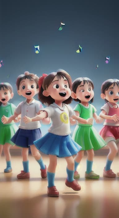  {Children singing and dancing with wide smiles and musical notes floating around them., Kids joyfully dancing and singing, showing their energy and happiness.