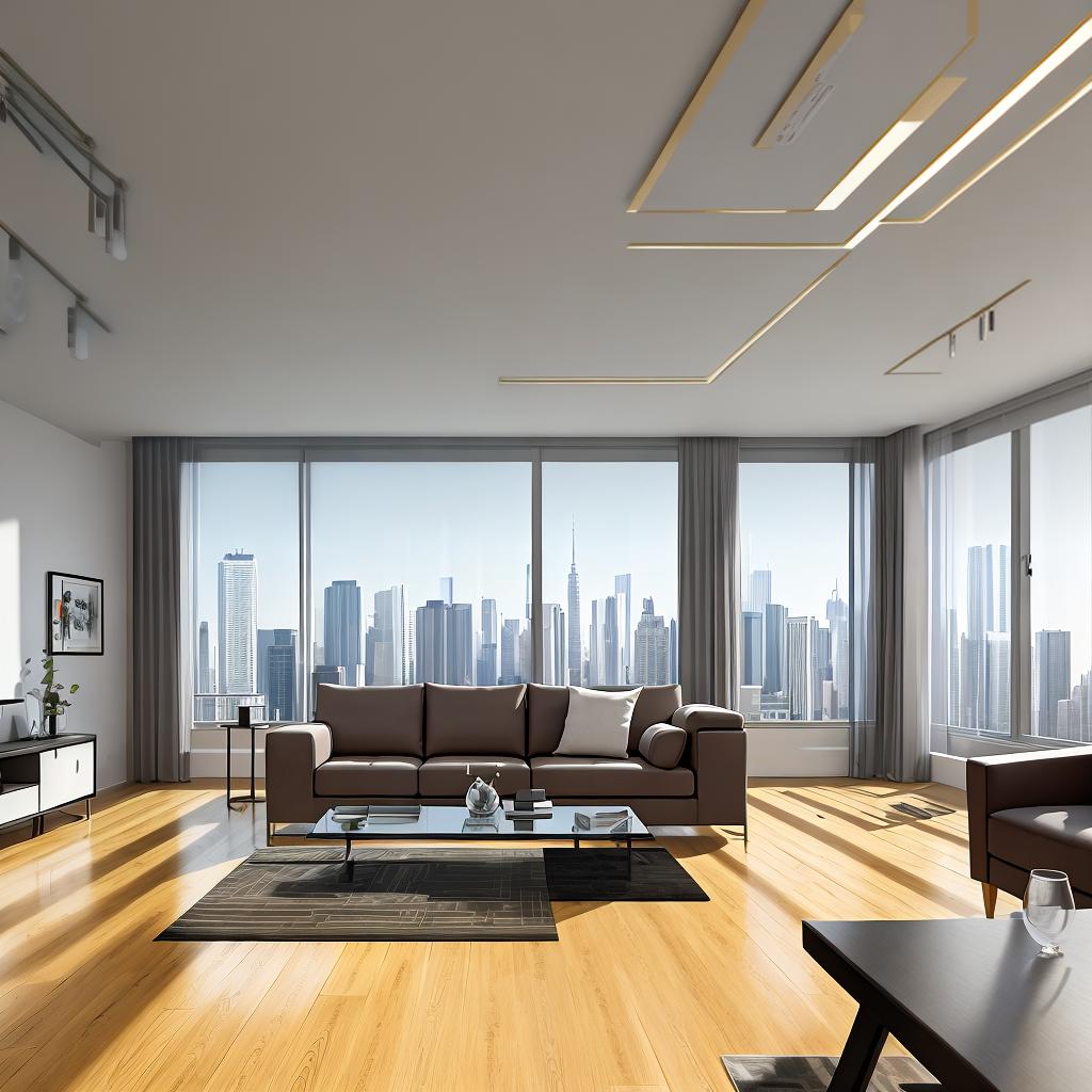  masterpiece, best quality, Best Quality, Masterpiece, 8k resolution,high resolution concept art of an apartment living room with floor to ceiling windows and modern furniture