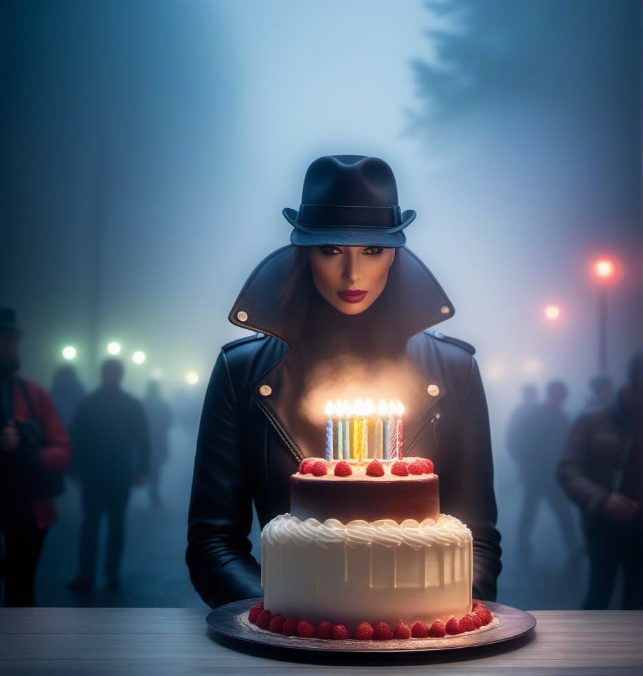  birthday cake in a fog hyperrealistic, full body, detailed clothing, highly detailed, cinematic lighting, stunningly beautiful, intricate, sharp focus, f/1. 8, 85mm, (centered image composition), (professionally color graded), ((bright soft diffused light)), volumetric fog, trending on instagram, trending on tumblr, HDR 4K, 8K