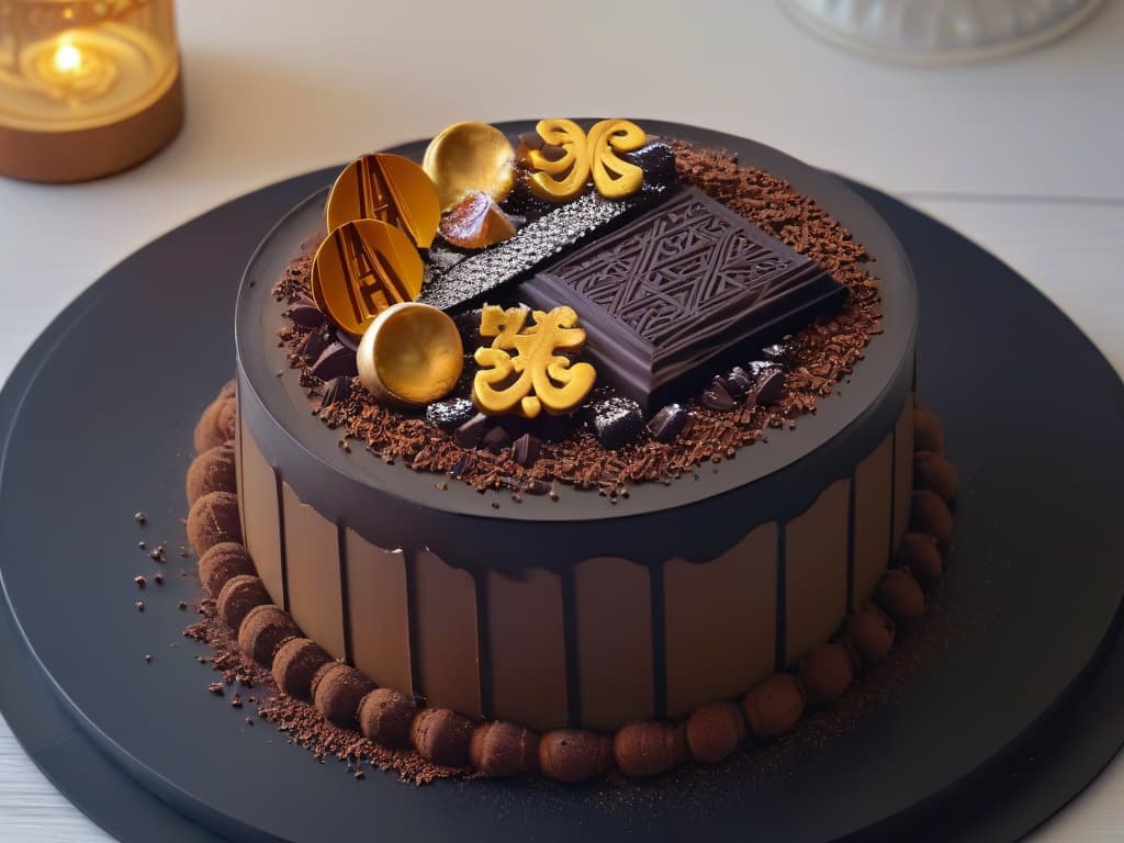  An 8k ultradetailed image of a sleek, minimalistic dessert plated with intricate Egyptian hieroglyphinspired chocolate garnishes. The dessert sits atop a matte black plate, contrasting with the rich golden hues of the garnishes. Each delicate stroke of the hieroglyphs is visible, shimmering in the soft light, adding an air of mystique and sophistication to the presentation. hyperrealistic, full body, detailed clothing, highly detailed, cinematic lighting, stunningly beautiful, intricate, sharp focus, f/1. 8, 85mm, (centered image composition), (professionally color graded), ((bright soft diffused light)), volumetric fog, trending on instagram, trending on tumblr, HDR 4K, 8K