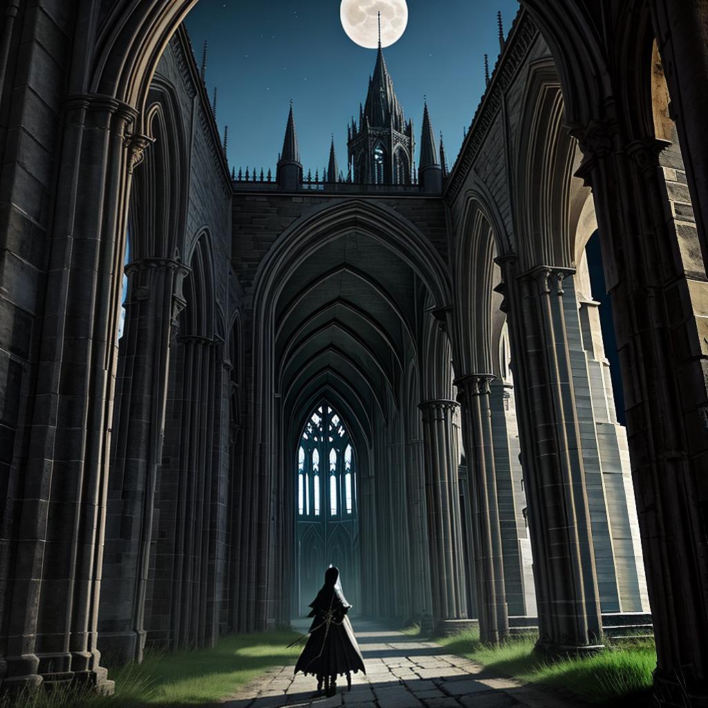  in a gothic aesthetic, Ethereal spires pierce the moonlit sky, as ancient arches weave tales of forgotten realms in a Gothic tapestry.