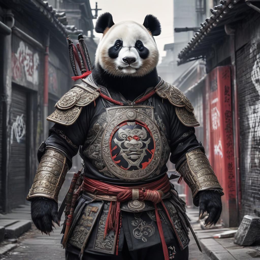  graffiti style Anthropomorphic panda in samurai costume, 1900s photo, 1900s, award winning, highly detailed, old photo, military, Heroic, war, battle ready, sharp focus, fiction, black and white, old photo, hyper realistic, digital art . street art, vibrant, urban, detailed, tag, mural hyperrealistic, full body, detailed clothing, highly detailed, cinematic lighting, stunningly beautiful, intricate, sharp focus, f/1. 8, 85mm, (centered image composition), (professionally color graded), ((bright soft diffused light)), volumetric fog, trending on instagram, trending on tumblr, HDR 4K, 8K