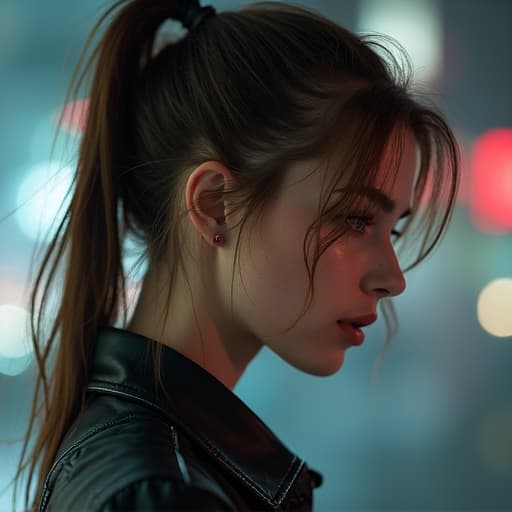  upper body, beautiful (21yo) swedish woman with brunette hair in ponytail, (cyberpunk)