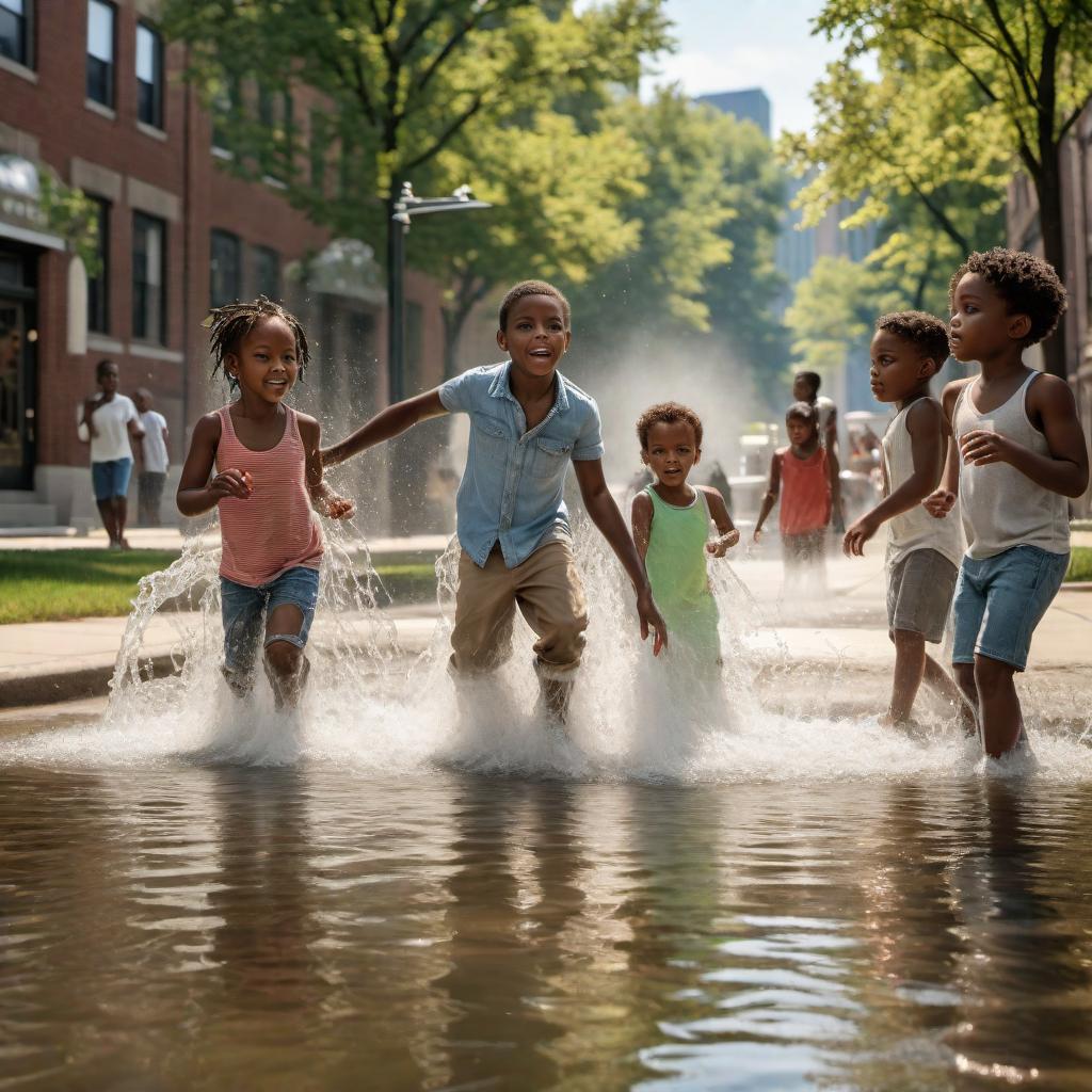  African-American children playing in the water that's coming from a fire hydrant in an urban setting in the city of Chicago on a hot sunny day. hyperrealistic, full body, detailed clothing, highly detailed, cinematic lighting, stunningly beautiful, intricate, sharp focus, f/1. 8, 85mm, (centered image composition), (professionally color graded), ((bright soft diffused light)), volumetric fog, trending on instagram, trending on tumblr, HDR 4K, 8K