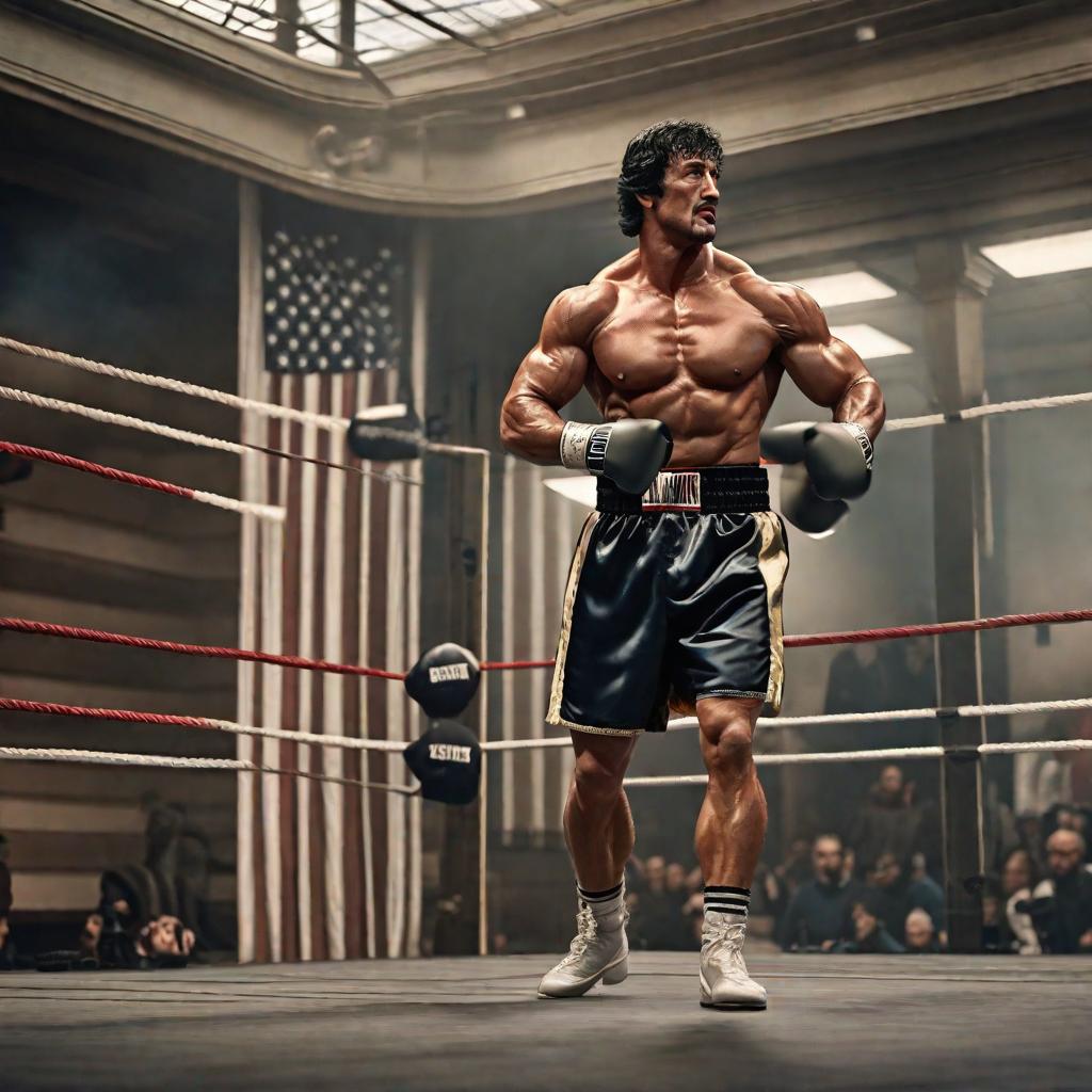  Rocky balboa hyperrealistic, full body, detailed clothing, highly detailed, cinematic lighting, stunningly beautiful, intricate, sharp focus, f/1. 8, 85mm, (centered image composition), (professionally color graded), ((bright soft diffused light)), volumetric fog, trending on instagram, trending on tumblr, HDR 4K, 8K