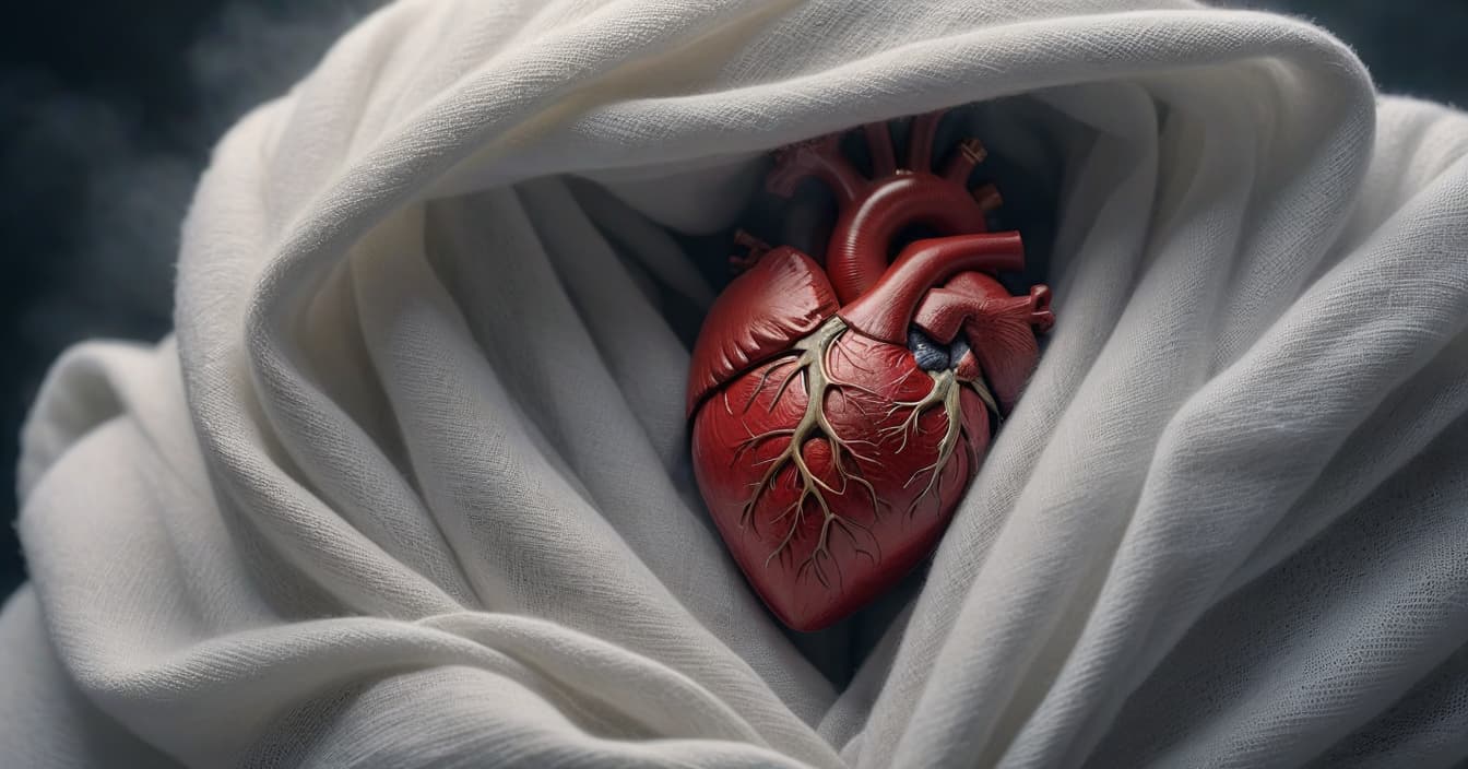  A living heart wrapped in a white bandage hyperrealistic, full body, detailed clothing, highly detailed, cinematic lighting, stunningly beautiful, intricate, sharp focus, f/1. 8, 85mm, (centered image composition), (professionally color graded), ((bright soft diffused light)), volumetric fog, trending on instagram, trending on tumblr, HDR 4K, 8K