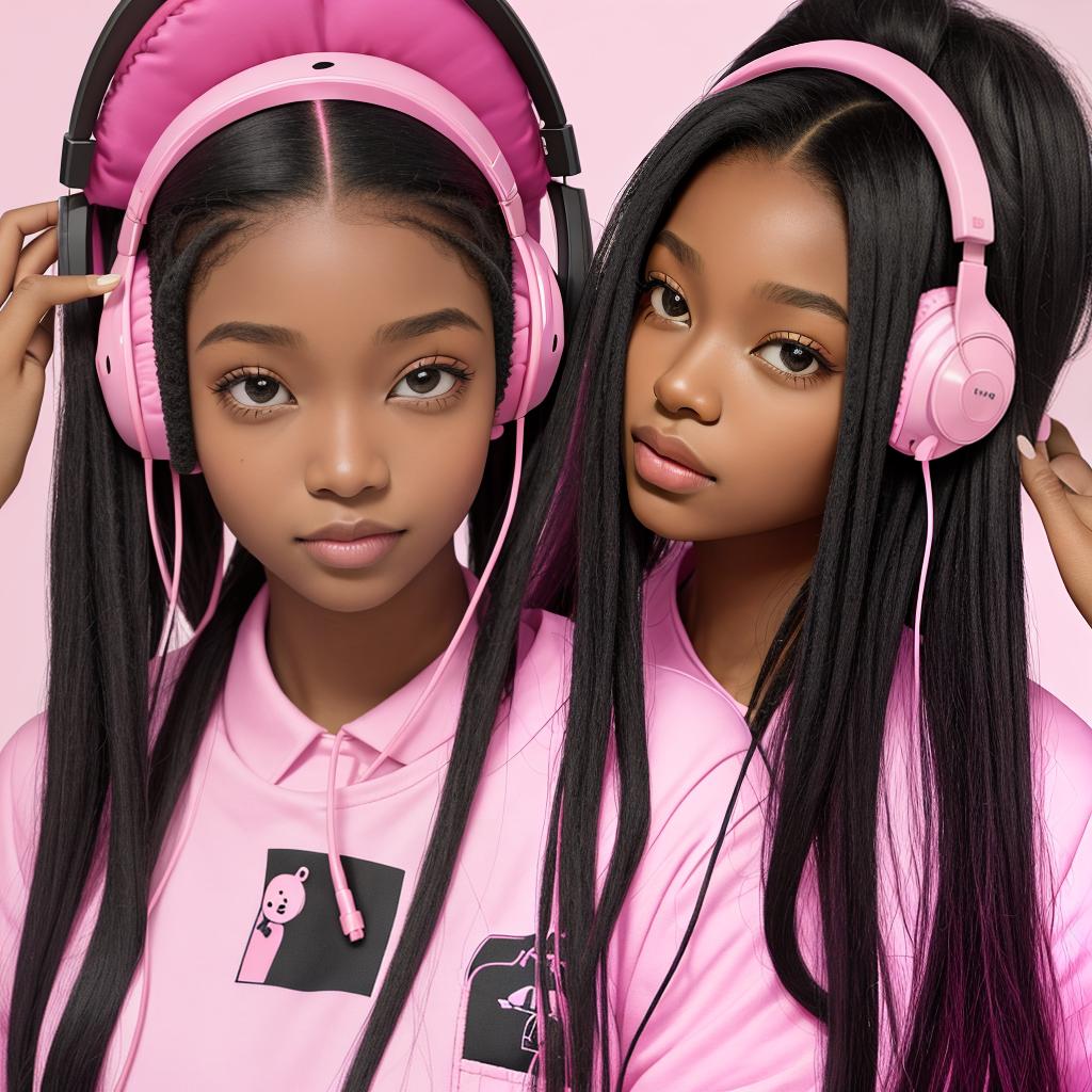  masterpiece, best quality, beautiful black girl with pink headphone and pink background and black soft locs