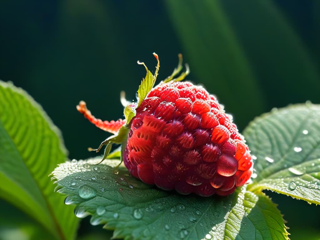  A closeup, ultradetailed image of a single ripe raspberry with vivid red hues, glistening with dew droplets, set against a blurred background of lush greenery. The intricate details of the raspberry's texture and the crystalclear water droplets capture the essence of freshness and natural beauty, making it an ideal visual representation for the article on finding quality pectin for homemade jams and jellies. hyperrealistic, full body, detailed clothing, highly detailed, cinematic lighting, stunningly beautiful, intricate, sharp focus, f/1. 8, 85mm, (centered image composition), (professionally color graded), ((bright soft diffused light)), volumetric fog, trending on instagram, trending on tumblr, HDR 4K, 8K