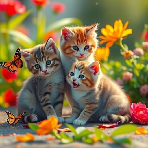  a variety of cute cats playing together in a sunny garden, with colorful flowers and butterflies around them. hyperrealistic, full body, detailed clothing, highly detailed, cinematic lighting, stunningly beautiful, intricate, sharp focus, f/1. 8, 85mm, (centered image composition), (professionally color graded), ((bright soft diffused light)), volumetric fog, trending on instagram, trending on tumblr, HDR 4K, 8K