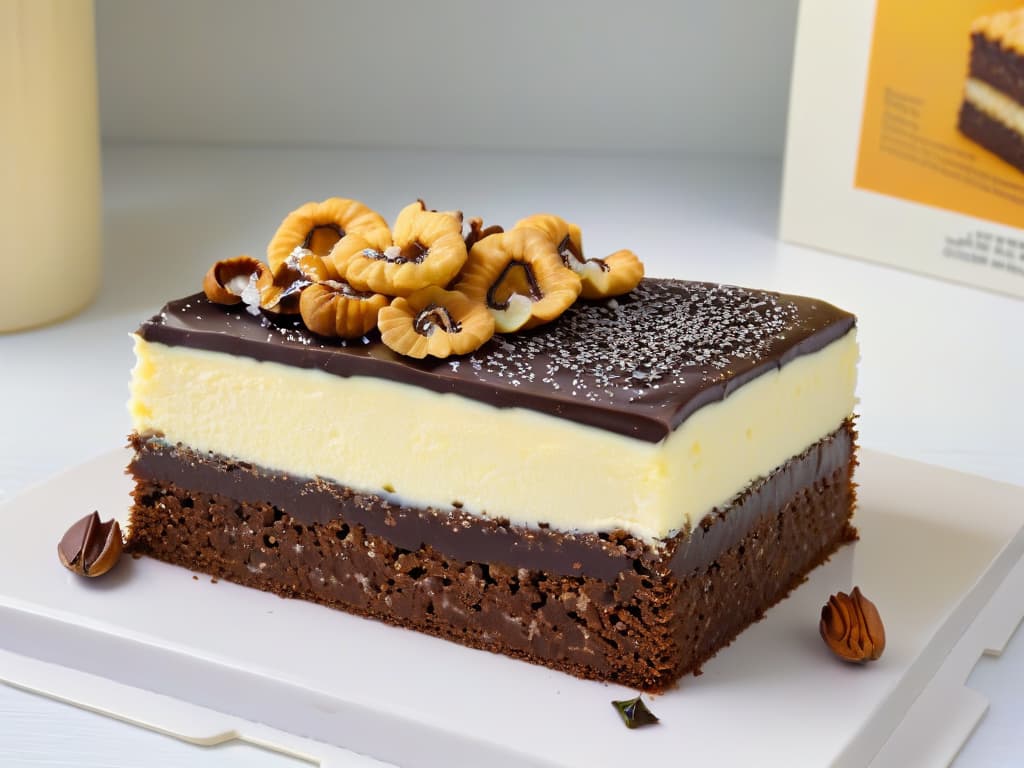  An ultradetailed, photorealistic image of a decadent Nanaimo bar, showcasing its three distinct layers a crumbly coconut and nut base, a custardflavored butter icing middle, and a glossy chocolate topping. The bar is elegantly garnished with a sprinkle of toasted coconut flakes and finely chopped walnuts, set on a sleek marble countertop under soft, natural lighting that highlights the intricate textures and rich colors of this iconic Canadian dessert. hyperrealistic, full body, detailed clothing, highly detailed, cinematic lighting, stunningly beautiful, intricate, sharp focus, f/1. 8, 85mm, (centered image composition), (professionally color graded), ((bright soft diffused light)), volumetric fog, trending on instagram, trending on tumblr, HDR 4K, 8K