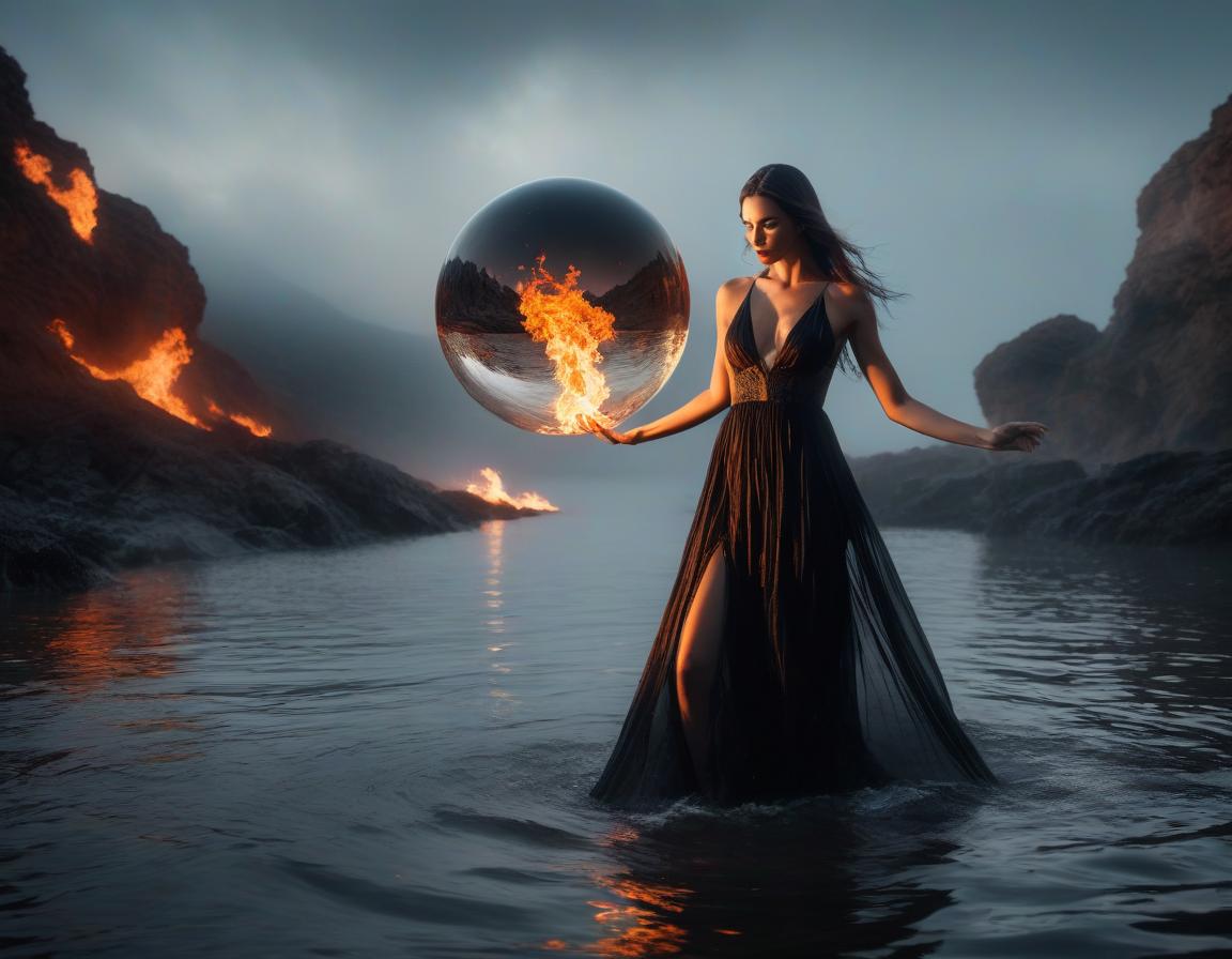  A fiery orb suspended before a beautiful, frightened girl in a dress of water, the photo is split into a left white and right black half. Mysticism, fantasy. hyperrealistic, full body, detailed clothing, highly detailed, cinematic lighting, stunningly beautiful, intricate, sharp focus, f/1. 8, 85mm, (centered image composition), (professionally color graded), ((bright soft diffused light)), volumetric fog, trending on instagram, trending on tumblr, HDR 4K, 8K