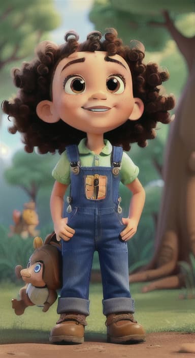  {Riley looking up at the tree with a big smile, animals surrounding them., Riley, a curious with big brown eyes and curly hair, wearing overalls and carrying a small backpack. Their friend, Skye, a bluebird with shiny feathers.