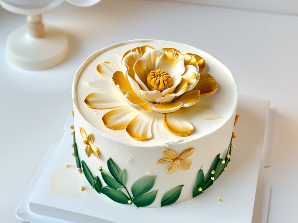  An ultradetailed closeup image of a delicate fondant flower being meticulously painted with edible gold paint, showcasing the intricate brush strokes and vibrant metallic shine. The flower sits on a pristine white cake, with a backdrop of a clean, minimalist kitchen setting, emphasizing the artistry and precision involved in using edible paint in pastry decorations. hyperrealistic, full body, detailed clothing, highly detailed, cinematic lighting, stunningly beautiful, intricate, sharp focus, f/1. 8, 85mm, (centered image composition), (professionally color graded), ((bright soft diffused light)), volumetric fog, trending on instagram, trending on tumblr, HDR 4K, 8K